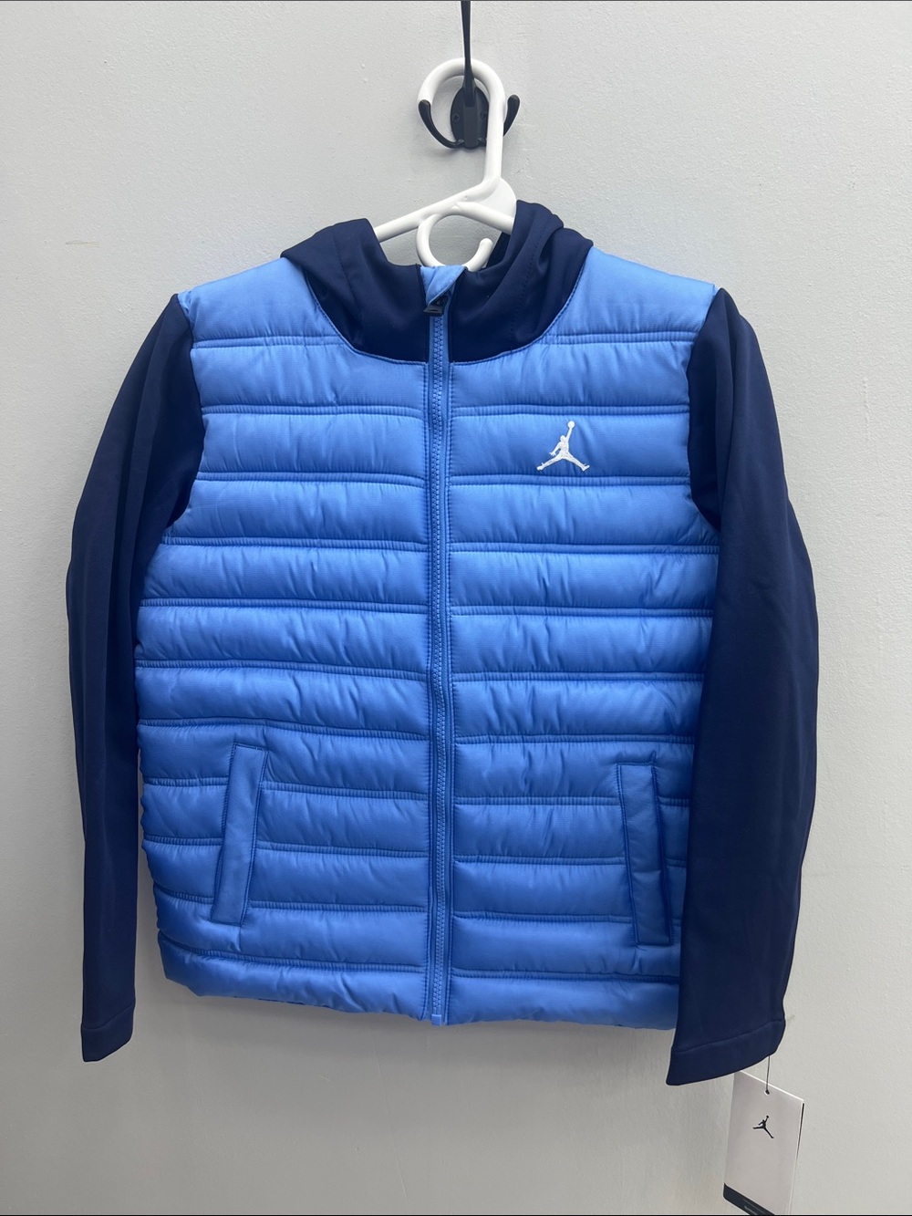 Jordan Blue Puffer Jacket with Navy Sleeves and Hood